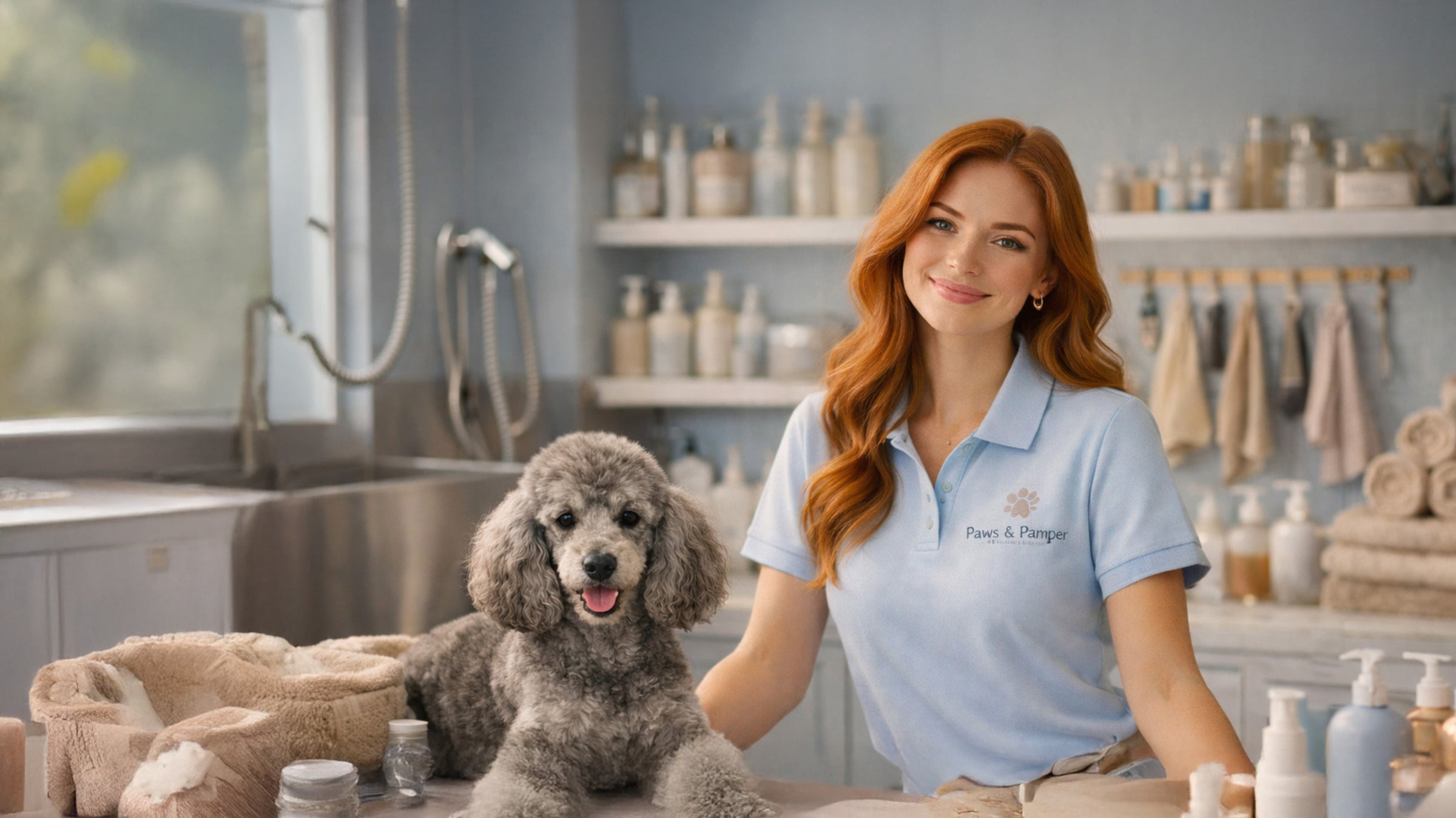 Woman in a pet grooming salon with a poodle and various grooming products.
